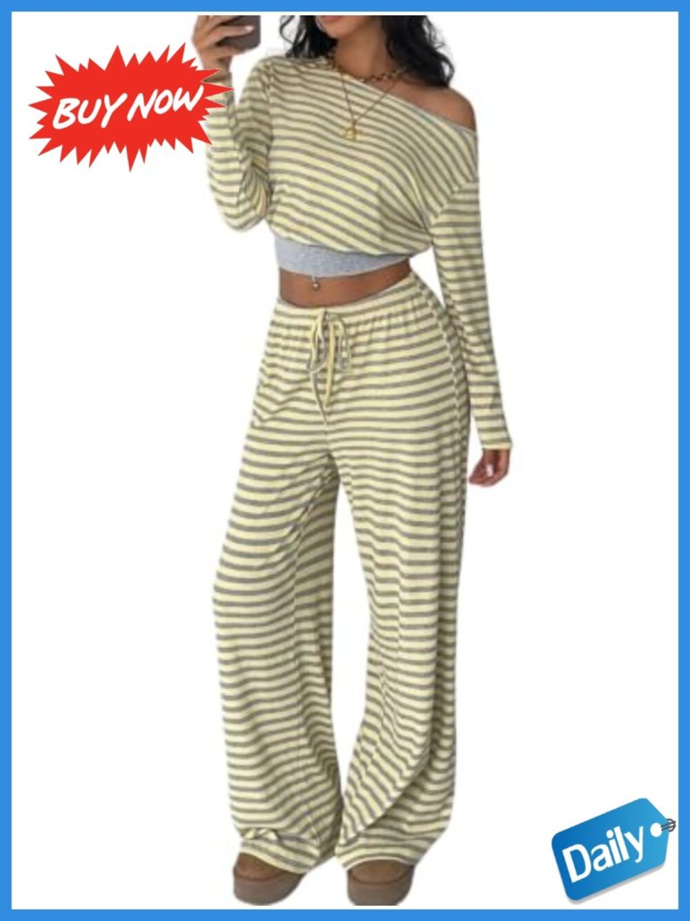 Striped Off Shoulder Long Sleeve Cinched Waist Top and Drawstring Pants Set